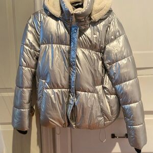 Calvin Klein Metallic Silver Puffer Jacket with Sherpa Hood